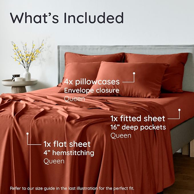 Bambaw 100% Viscose Derived from Bamboo Sheets Queen Size – 6pcs Queen Sheet Set Cooling Sheets, Fits Up to 16'' with Elastic Corner Straps, Breathable & Super Soft Bedding Set (Terracotta)