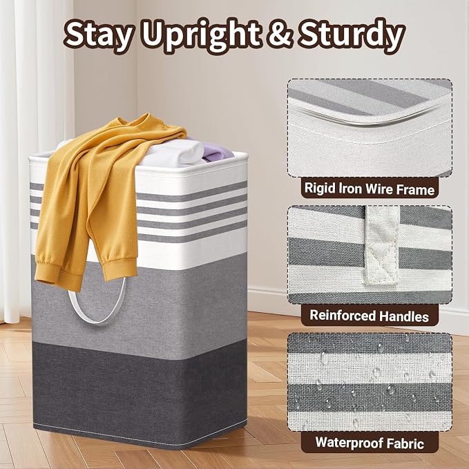 WOWBOX 2 Pack Laundry Baskets, Collapsible Dirty Clothes Laundry Hampers | with Reinforced Handles, Waterproof Coating, 2 Pack for Clean & Dirty Clothes, for Bedroom, Bathroom, Dorm (75L Grey)