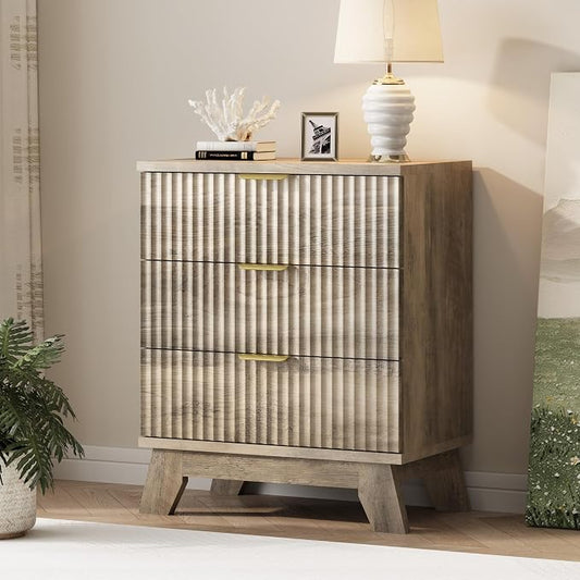 Xixini Fluted Dresser for Bedroom with 3 Drawers, 24" Wide Modern Chest of Drawers with Metal Handle, Wooden Dresser TV Stand, Wood Closet Clothes Storage Organizer for Living Room, Hallway, Grey