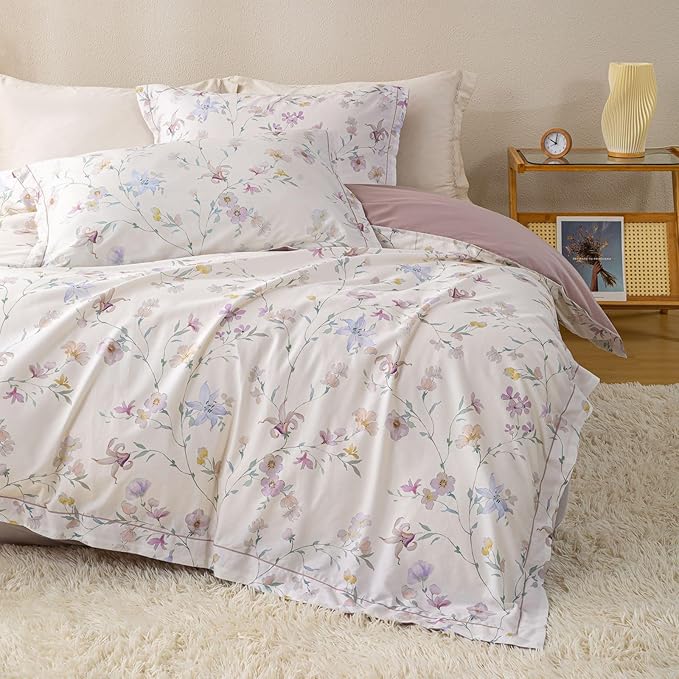 OAITE Queen Floral Pattern Duvet Cover Set Unique Design 3pcs 100% Cotton | Exquisite Stitched Hem, Breathable,Soft,Hidden Zipper,8 Corner Ties,Easy Care for All Season