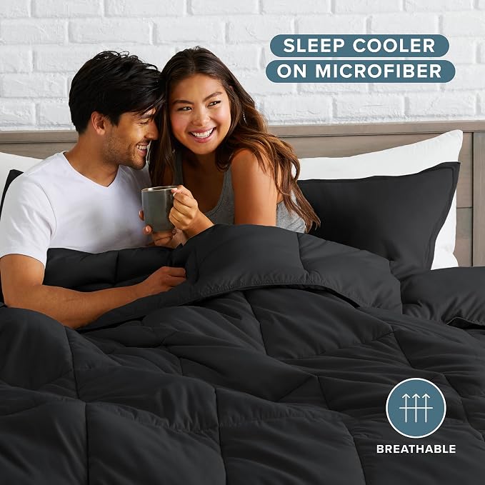 Bare Home Comforter Set - 1800 Ultra Soft (Oversized Queen, Black) | All-Season, Breathable, Hypoallergenic, Premium 1800, Warm, Cozy