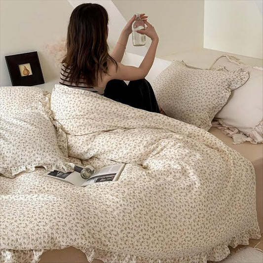 Cottage Camellia Print Duvet Cover King, Double-Layer Cotton Muslin Comforter Cover Floral Design Vintage Bedding Quilt Cover with Ruffles,90"x104", No Pillow, Machine Wash