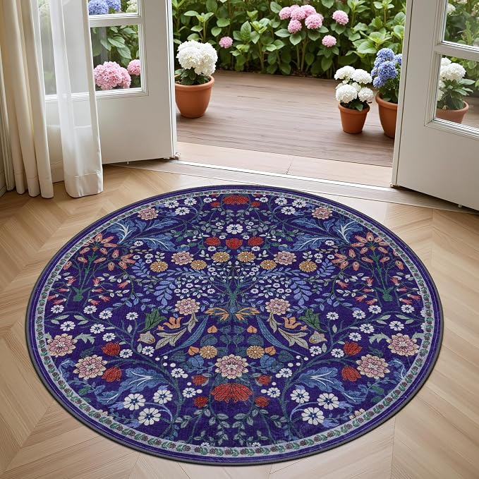 PLHXFR Round Area Rug Living Room: 4 ft Floral Washable Soft Carpet Blue | For Bedroom Dining Room Farmhouse Nursery Hallway,Vintage Floral,Machine washable,Non Slip,Stain Resistant,Large Indoor