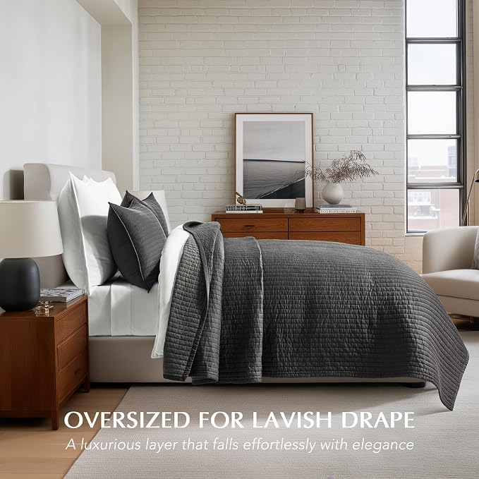 EVERGRACEHOME Cotton Sateen Quilt Set, Queen Size, Washed Black | 100% Cotton, Channel Stitch Coverlet Bedspread, Pre-Washed Lightweight Soft Bedding Set for All Season, 3 Piece, with 2 Shams
