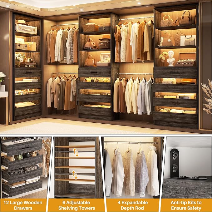 Aheaplus Closet System with 12 Drawers, 8.5-11.5Ft Wood Closet Organizer | Black Oak Closet Storage with 4 Hanging Rods & 3 Towers, 4Ft & 6Ft L-Shaped Walk-in Closets Wardrobe Organizer, Set of 3