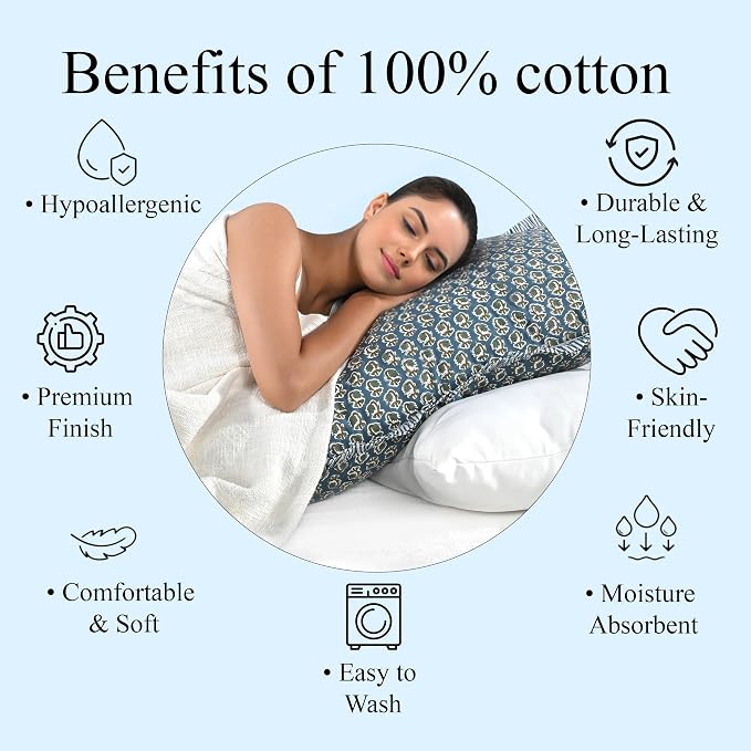 Ridhi Block Print Peacock Blue Ruffle Lumbar Pillow Shams, 14" x 36" Set-1 | 100% cotton, Floral Pillowcase, Cushion Cover, Hidden Zipper, Cottagecore Bedding, farmhouse boho style, fits couch, sofa,Bed