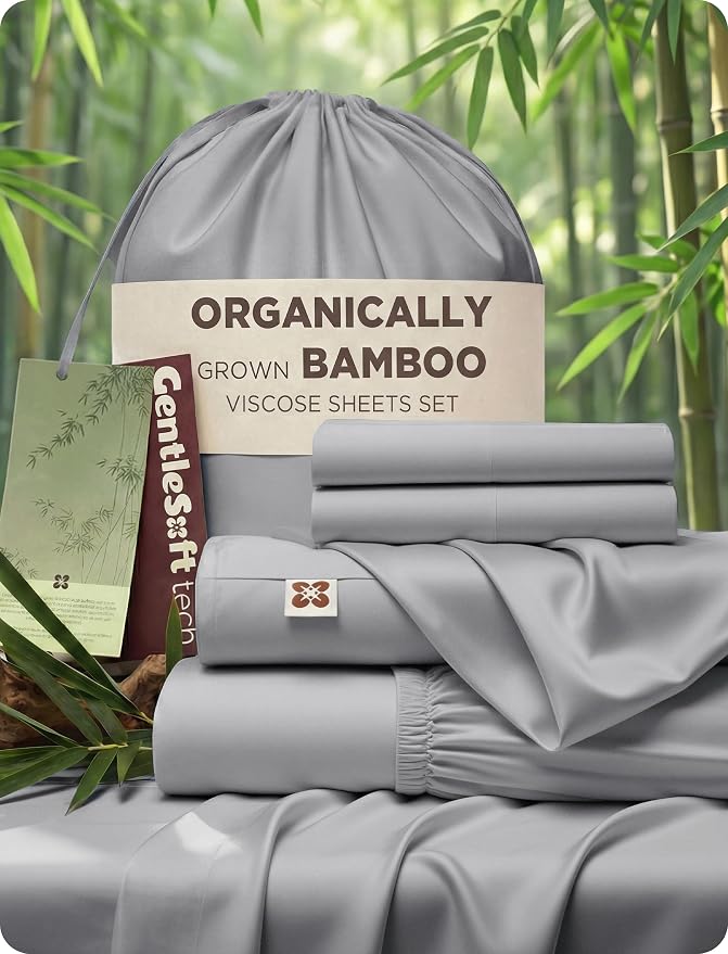 Bedsure PureWoven 100% Viscose Derived from Bamboo, King Size Sheets Set | Organically Grown, Cooling Bed Sheet for Hot Sleepers, 18" Deep Pocket with Corner Straps, Luxury Silky Soft, Grey