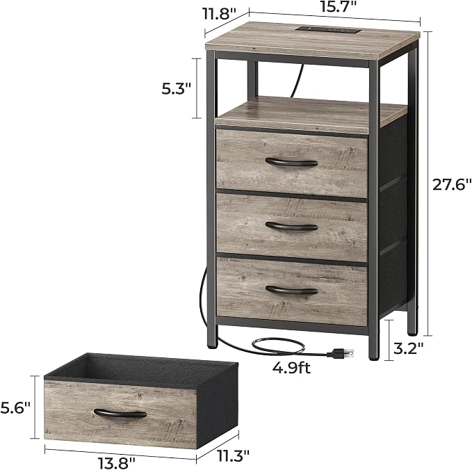 Huuger Nightstand with Charging Station, 27.6 Inch Bedside Table,Side Table | Night Stand with USB Ports and Outlets, End Table with Fabric Drawers, Night Stand with Charger Station, Oak