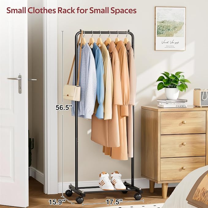 KIMBORA Small Clothing Rack with Wheels, Portable Clothes Racks for Hanging Clothes, 56" Metal Rolling Garment Rack for Coats, Jackets, and Shirts, Black