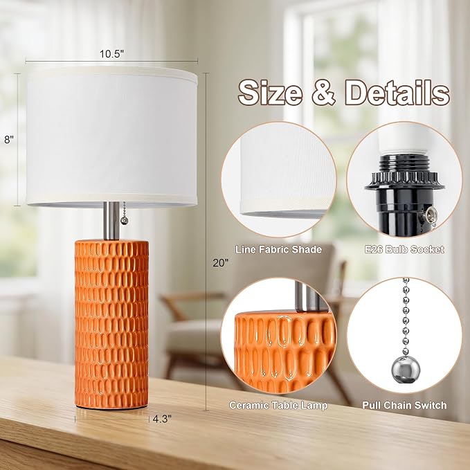 Reaketon 20” Modern Table Lamps Set of 2, Lamps for Bedroom, Orange | Ceramic Table Lamps for Nightstands, Small Table Lamps for Living Room, Bedside, End Table, Kids Room, Pull Chain Switch