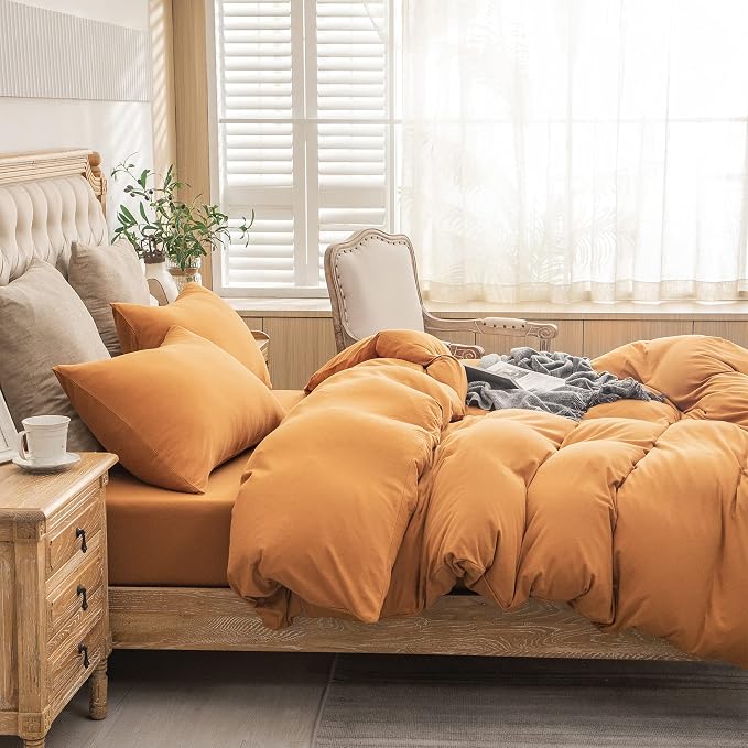 PURE ERA Jersey Knit Sheet Set Solid Burnt Orange California King | 100% Cotton, 3 Piece Set, T Shirt Soft, Breathable, Envelope Closure Pillowcases, Hidden Zipper, 8 Ties, No Insert, Modern