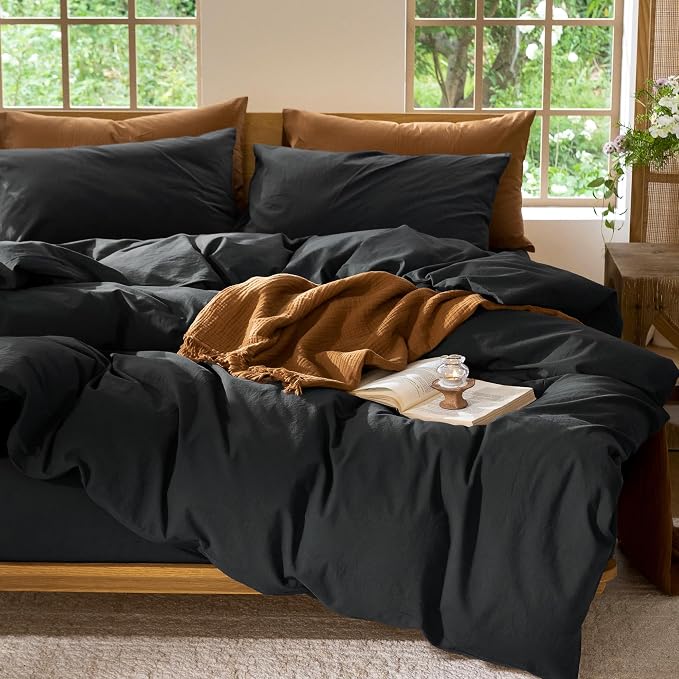 MooMee Duvet Cover Set 100% Washed Cotton Linen Like Twin | Relaxed Linen-like Texture. Soft, Breathable & Long-lasting Comfort. Lightweight. Hidden Zipper with 8 Interior Corner Ties