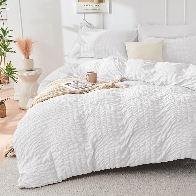 HYMOKEGE White Queen Comforter Set Seersucker 7 Pieces, All Season Luxury Bed in a Bag for Bedroom, Bedding Set with Comforters, Sheets, Pillowcases & Shams