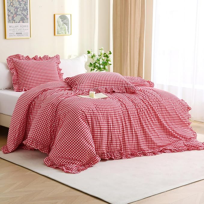 Silnuo Red/White Gingham Plaid Ruffle 3-Piece Duvet Cover Set Queen Size | 100% Washed Cotton Shabby Checkered Bedding Set Farmhouse Comforter Cover Set(Queen,Red)