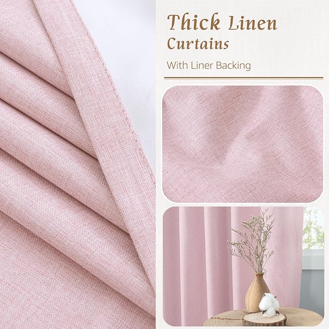 Pink Linen 100% Blackout Window Curtains 45 Inch for Bedroom 2 Panels | Linen Textured, Thermal Farmhouse Curtains, Privacy, Rod Pocket Back Tab, Window Panels, with White Liner, 38 x 45 Inch