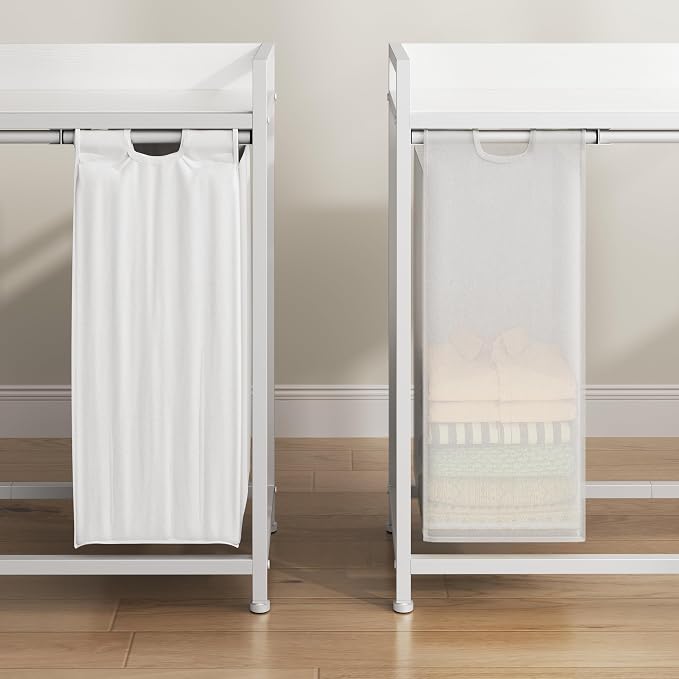 Herture Laundry Hampers with Shelf, Laundry Basket 3 Section, Laundry Sorter with Pull-Out Removable Large 3 Color Bags and Movable Wheels, Metal Frame, 3 x 15.87 Gallons (60L), White PF04XLE