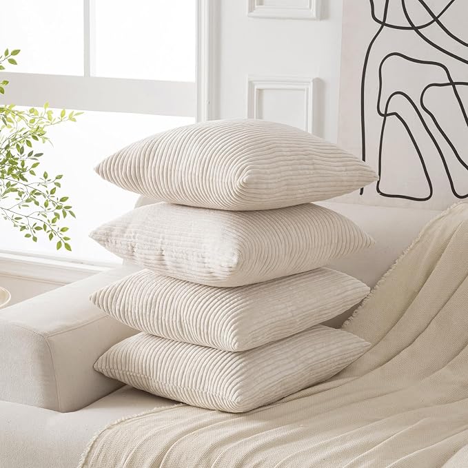 Volcanics Set of 4 Beige Cream Corduroy Couch Throw Pillow Covers 18x18 in | Decorative Modern Double-Sided Striped Cushion Cases, Soft Boho Square Accent Pillow Covers, Mix and Match for Home Decor