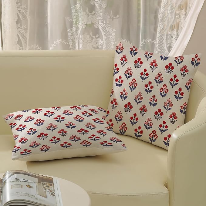 4th of July Pillow Covers 22x22 Inch 2 Pcs Red Blue Block Print Vintage Floral Patriotic Outdoor Decor Throw Pillows Memorial Day Holiday Decoration Pillowcase Linen Cushion Cover for Couch
