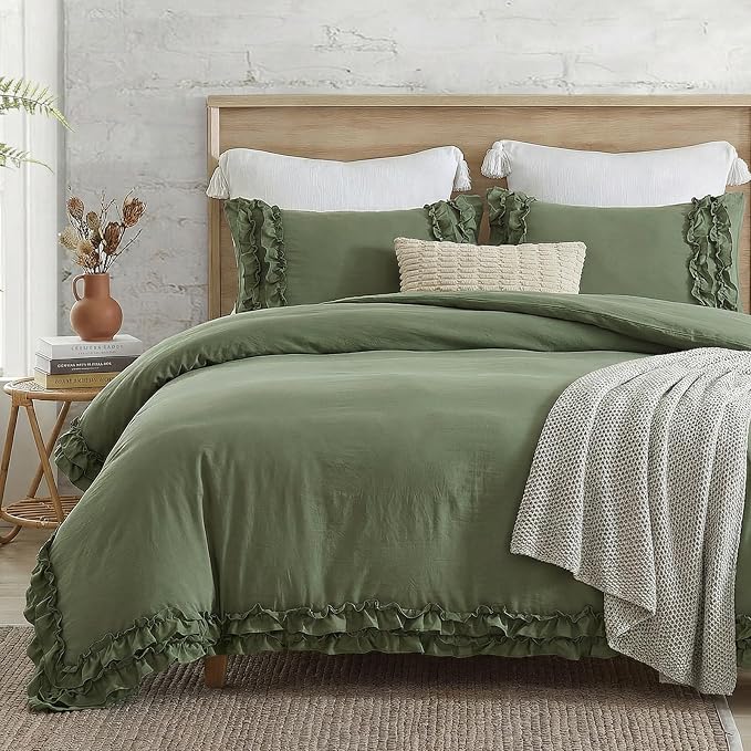 Avocado Green Duvet Cover King Ruffled Bedding Set Pleated Ruffle Fringe Shabby Chic Bedding Super Soft Cozy Boho Bedroom Bedding for All Season