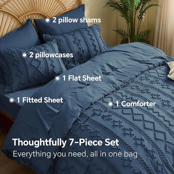 BEDELITE King Comforter Set 7 Pieces,Boho Bed in a Bag,Navy Blue | Tufted Bed Set for All Seasons,Soft Farmhouse-Style Embroidery Bedding,Includes Flat & Fitted Sheets,2 Pillowcases & 2 Shams
