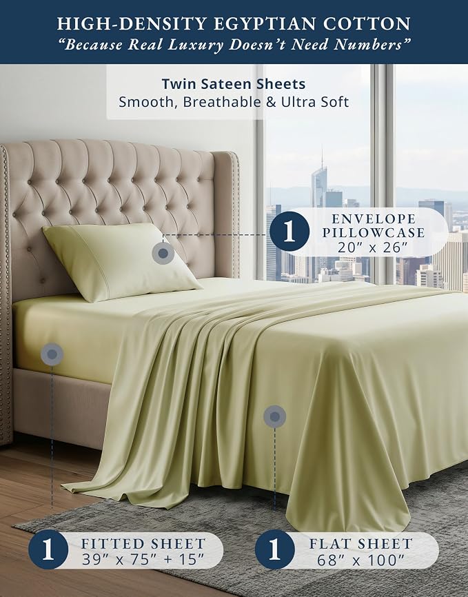 LANE LINEN Twin Bed Sheets for Girls 100% Egyptian Cotton Sateen - Seafoam | Twin Bed In A Bag Set With Sheets - 3-Piece Set, Ideal For Dorms And Guest Beds, For A Luxurious Night's Sleep,