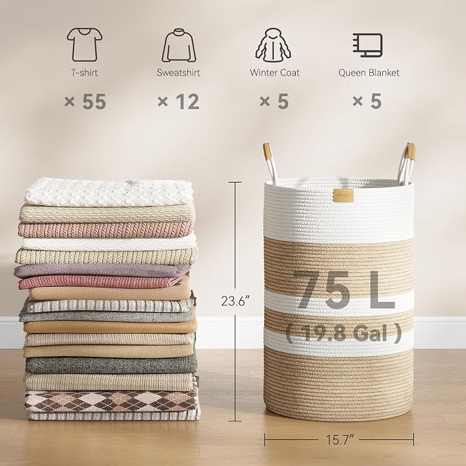 Nunsino 75L Striped Laundry Hamper with Leather Handles,Large Foldable Laundry Basket for Clothes,Cotton Rope Storage Bin for Blankets,Woven Clothes Basket for Bedroom,Beige Stripes