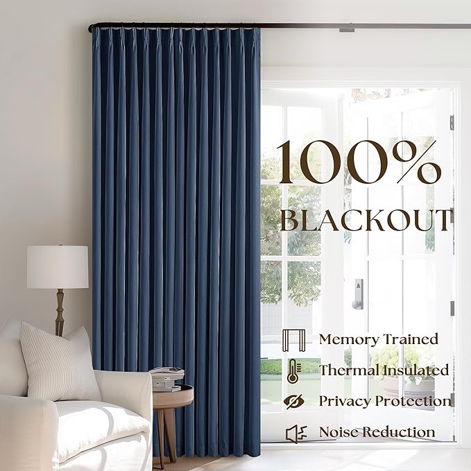 Indigo Navy Pleated Linen Blackout Curtains 90 Inches Long for Bedroom | 100% Black Out Thermal Insulated, Pinch Pleat with Ring Hooks Back Tab, Room Darkening Drapes with Liner, for Living Room