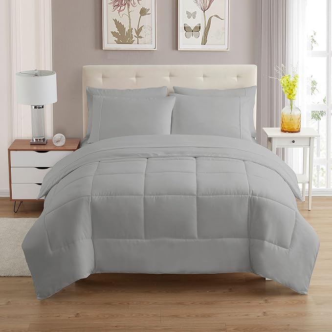King Size Comforter Set with Sheets - 7-Piece Bedding Collection - 1 Comforter, 1 Fitted Sheet, 1 Flat, 4 Pillowcases - Deep Pocket - Soft & Breathable Premium Quality - Ideal for All Seasons, Silver