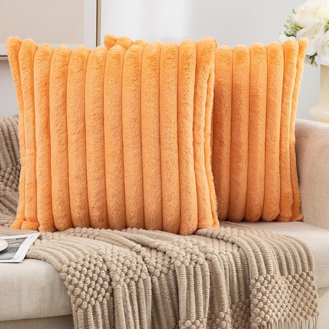 ZLINA Orange Striped Faux Fur Throw Pillow Covers 24 x 24 Inch | 2‑Pack, boho striped pillow covers,velvet back,fuzzy plush cushion covers , for sofa bed livingroom home decor