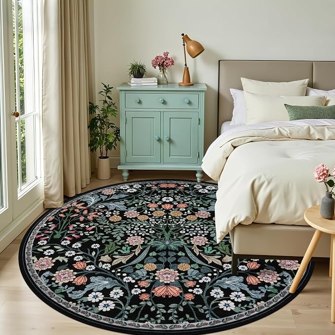 PLHXFR Round Area Rug Living Room: 8 ft Floral Washable Carpet Dark Black | For Bedroom Dining Room Farmhouse Nursery Hallway,Vintage Floral,Machine washable,Non Slip,Stain Resistant,Large Indoor