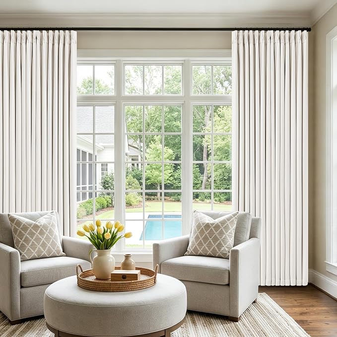TWODRAPES Ivory White Pleated Blackout Curtains 120 Inches Long 2 Panels | Memory Shape, Pinch Pleat, Black Out Heavy Duty Insulated, Cream Ivory Curtain Drapes with Liner, for Bedroom Living Room