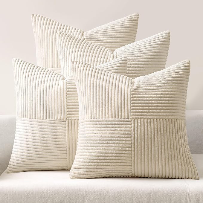 MIULEE Beige Throw Pillow Covers 18x18 Inch Set of 4 Boho Patchwork Cushion Cases Modern Farmhouse Pillow Cases with Invisible Zipper Corduroy Striped Home Decor for Couch Sofa Bedroom