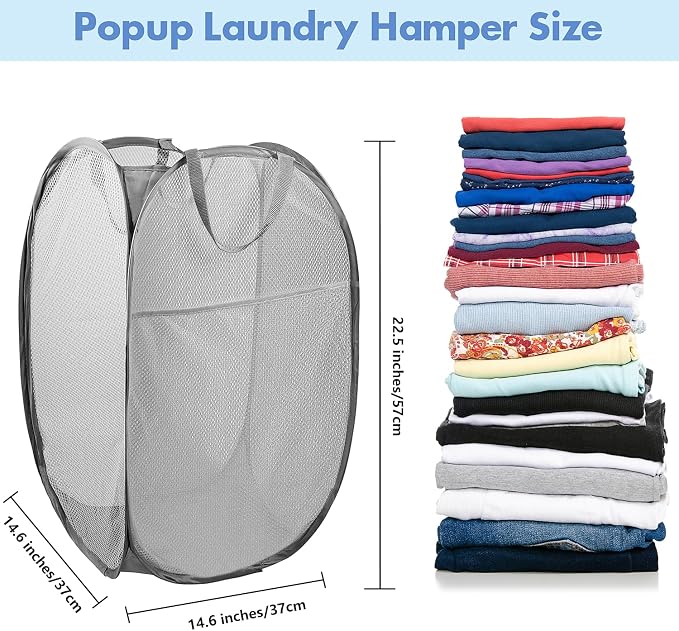 Pop Up Laundry Hamper, 70 L Collapsible Mesh Basket with Side Pocket, Gray | Reinforced handles, breathable fabric, foldable, portable for dorm college travel camping cruise, dirty clothes, toys storage