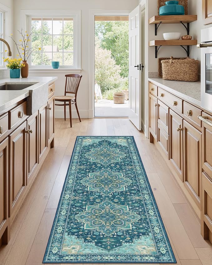 AMADA HOMEFURNISHING 2x6 Runner Rug, Vintage Distress Print Pattern Non Slip Area Carpet for Hallway Kitchen Bathroom Door Mat Indoor Entrance, Teal Blue