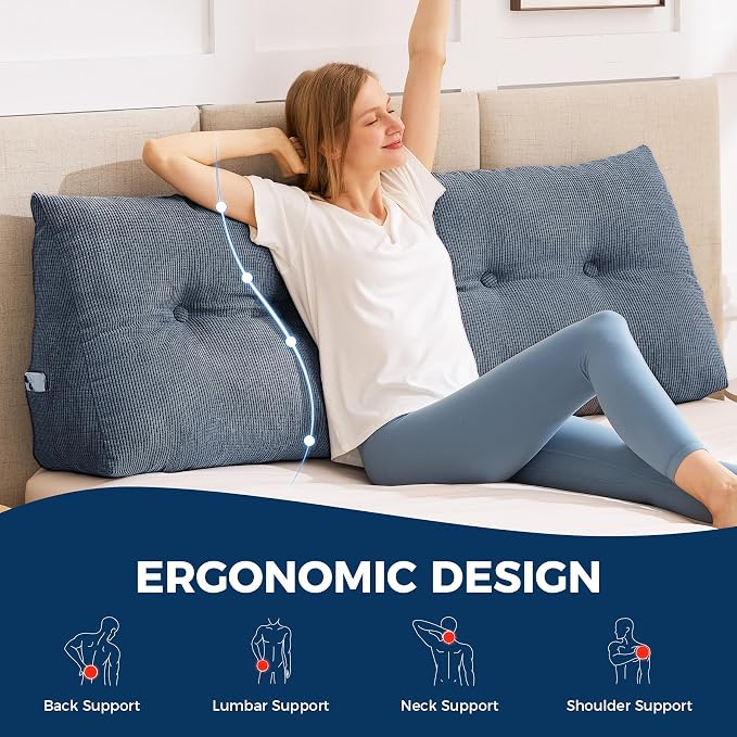 Headboard Pillow Queen, Wedge Pillow Headboard, Navy Blue | Triangle Backrest for Headboard, Bed Pillow for Sitting Up Reading Working, Removable Cover, Side Pockets, for Bed Dorm Sofa
