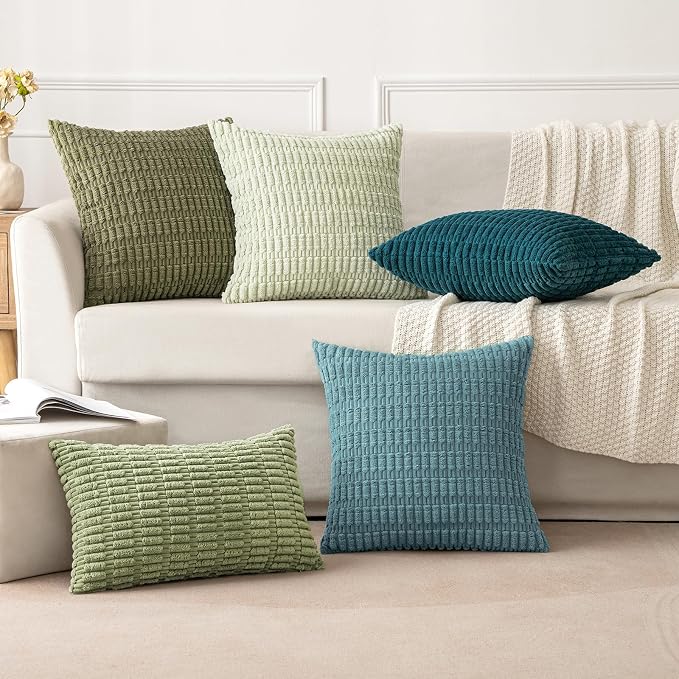 MIULEE Corduroy Decorative Throw Pillow Covers 16x16 Coastal Blue Pack of 2 | Soft Boho Striped Pillow Covers Modern Farmhouse Home Decor For Sofa Living Room Couch Bed