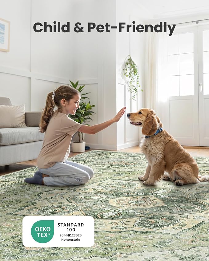 AMADA HOMEFURNISHING 9x12 Area Rug, Washable Low-Profile Large Area Rug with Non-Slip Backing & Durable Edge Binding, Vintage Large Rugs for Living Room, Bedroom