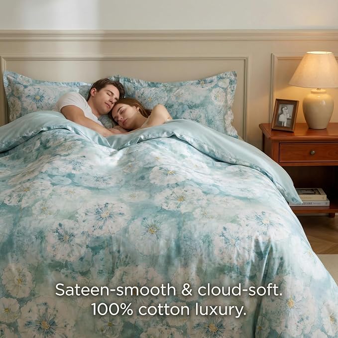 HeimenAogo Egyptian Cotton Duvet Cover Queen Size Sateen Weave, Silky Soft Duvet Cover with Zipper Closure, Long Staple Cotton Bed Linen Watercolor Floral 3 Pcs