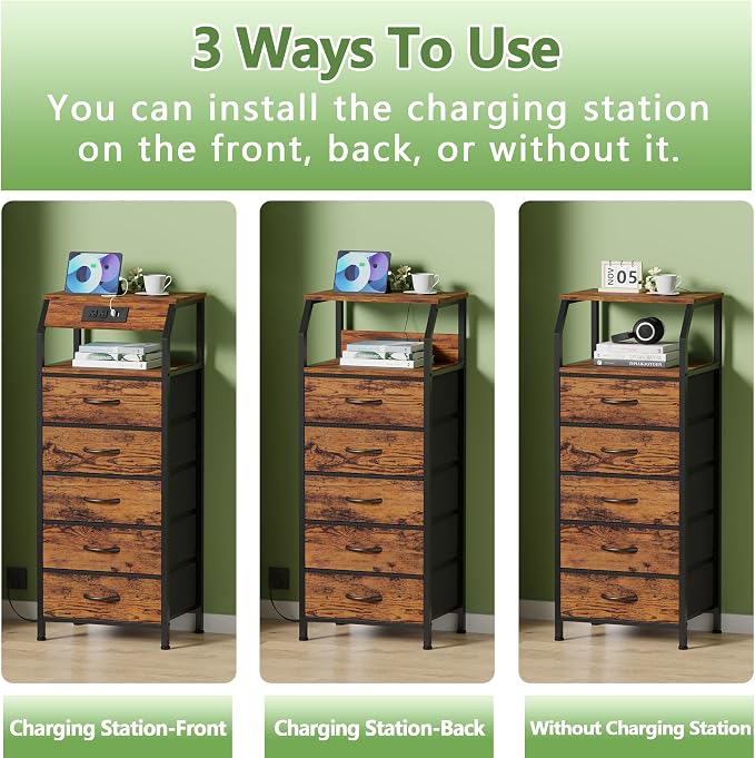 Furnulem 5 Drawers Dresser with Charging Station, Tall Nightstand, Brown | Tall Dorm Nightstand, Fabric Chest of Drawers with Storage Shelf, Skinny Dresser for Bedroom, Closet, Entryway, 3 Ways to Use