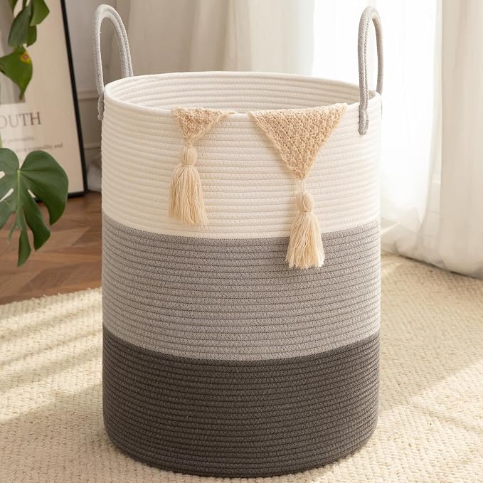 OIAHOMY 60L Nursery Hamper Laundry Basket Laundry Hamper Gradient Grey | collapsible Blanket Basket Cotton Rope Woven Basket Dirty Clothes Hamper Baby Hamper Tall Clothes Hamper with Handles