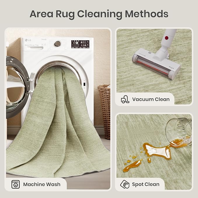 6x9 Area Rugs Non Slip, Large Washable Rugs for Living Room, Green | Soft Low Pile, Thin & Lighweight Carpet, Folable Stain Resistant Modern Indoor Floor Mat for Bedroom, Dining Room, Home Decor
