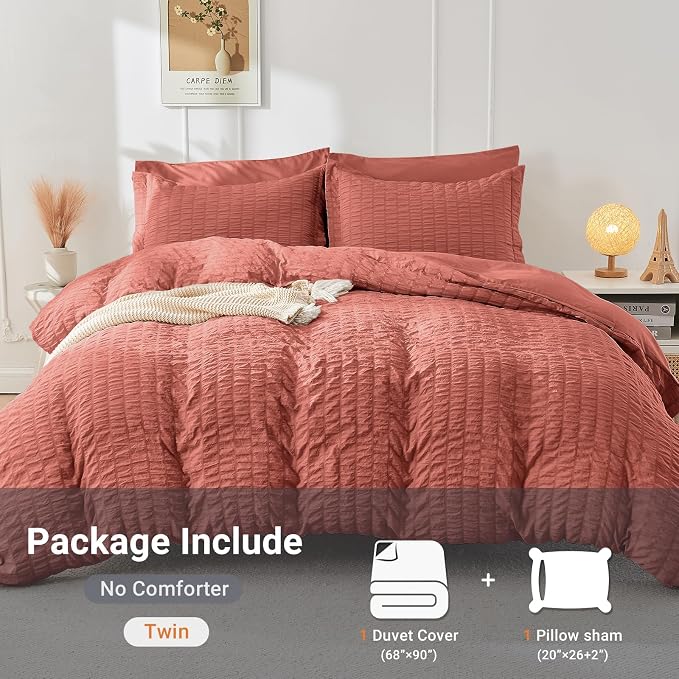 HYMOKEGE Coral Red Twin Size Duvet Cover, Ultra Soft 2-Piece Seersucker Duvet Cover Set with Zipper Closure, Soft Brushed Microfiber Bedding Set with 8 Corner Ties (68"x90", 1 Pillowshams)
