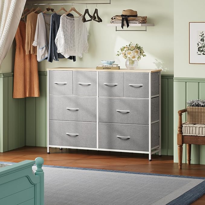 WLIVE Wide Dresser for Bedroom, 8 Drawer Chest of Drawers, Light Grey | 8 roomy fabric drawers, Wide storage design, Bedroom or closet use, Sturdy steel frame, Smooth wood tabletop