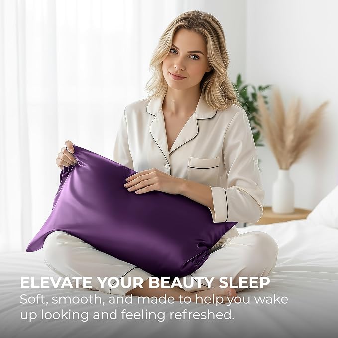 Pure Bedding Satin Pillowcase 2 Pack - Queen Size (20"x30", Purple) - Silky Pillow Cases for Hair and Skin - Satin Pillow Covers with Envelope Closure - Extra Soft Premium Microfiber