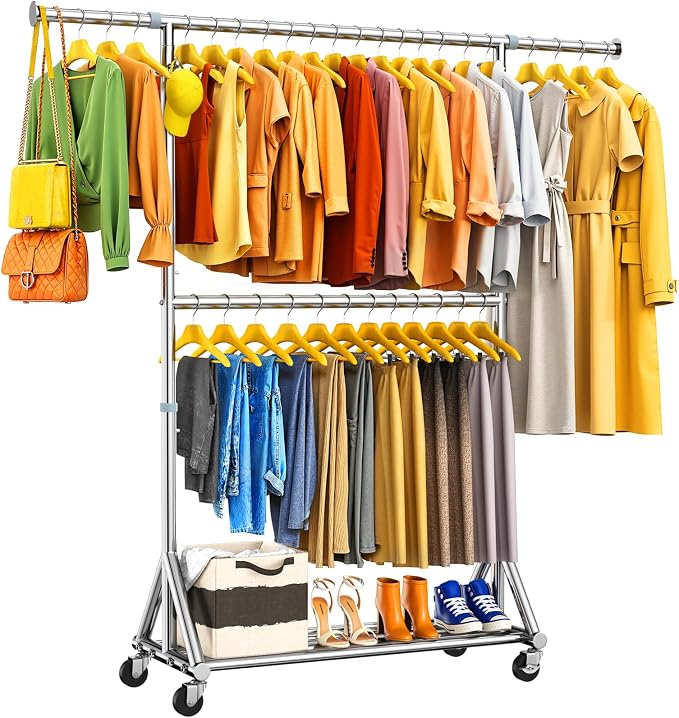 Heavy Duty Rolling Clothes Rack with Double Rods for Hanging Clothes, Adjustable & Extendable Metal Clothing Rack, Garment Rack With Wheels Shelf, Sturdy Freestanding Closet Rack, 100% Stainless Steel
