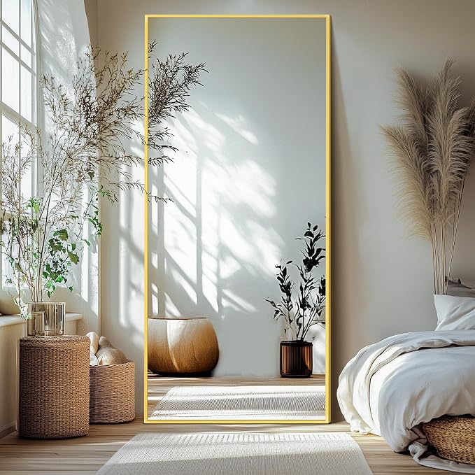Full Length Mirror with Stand, 75x35 Gold Floor Mirror | Aluminium alloy frame with HD float glass for distortion-free reflection. Free standing or wall mounted.