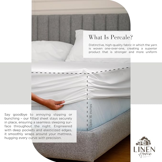 Linen Home 2-Pack Queen Sheet Set, 100% Cotton Percale Bedding, 8-Piece Value Bundle, Deep Pocket Cooling Bed Sheets for Hot Sleepers, Breathable & Crisp Hotel Quality, Long-Staple Cotton, White