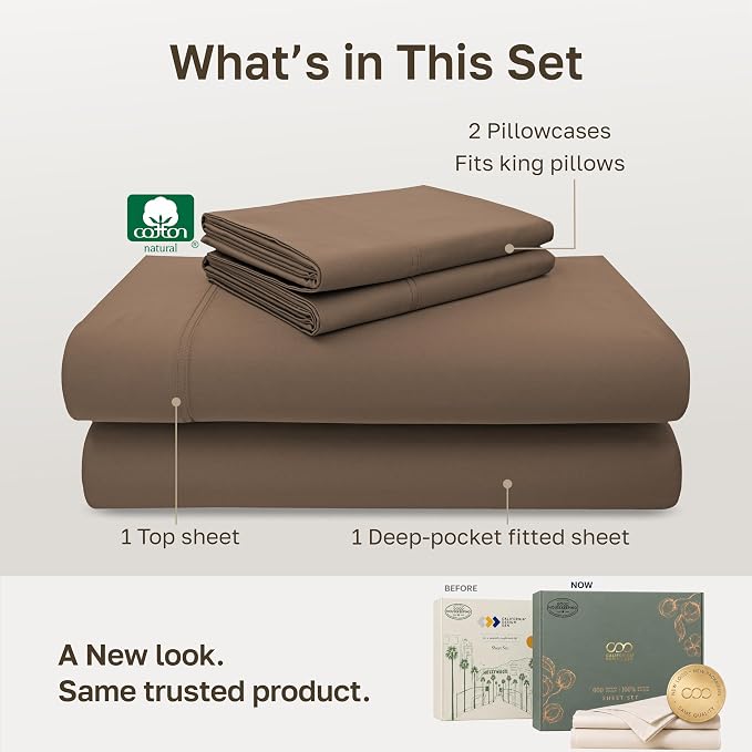 California Design Den Luxury 600 Thread Count King Bed Sheet Set, Mocha | 100% Cotton Sateen Backed by Good Housekeeping Seal, Soft & Smooth, 16" Deep Pocket, All-Around Elastic, Durable, Easy Care