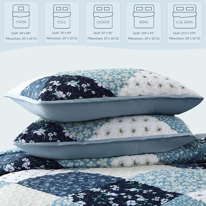 Exclusivo Mezcla Reversible Boho Quilts Twin Size Blue | Lightweight Soft Bedspreads, All Season Patchwork Coverlet Bedding Set, Printed Floral Pattern, 1 Quilt and 1 Pillow Sham