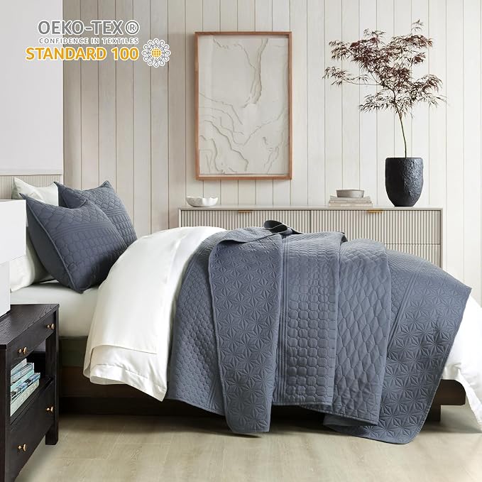HORIMOTE HOME Steel Blue Twin Size Quilt Set - Soft Microfiber Bedspread with 1 Sham, Lightweight & All-Season Geometric Coverlet for Cozy Bedding